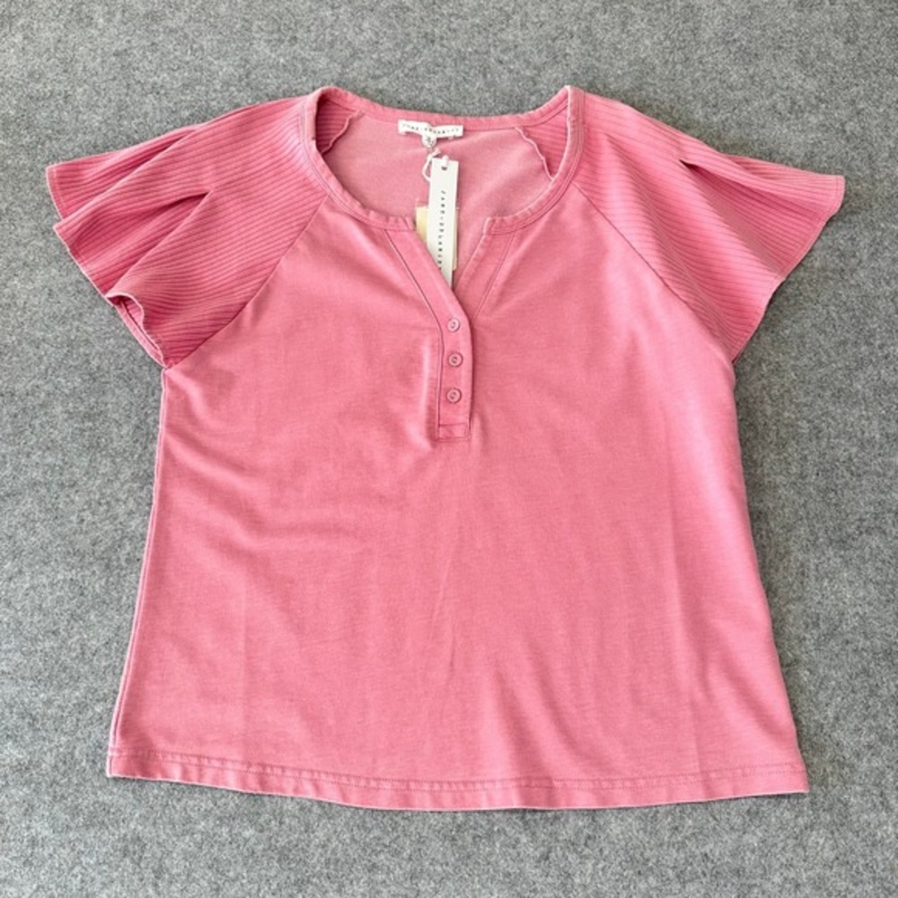 Jane + Delancey Rose Pink Henley Top Ribbed Flutter Sleeve Cotton‎ Blend NWT M